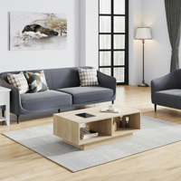 Table basse moderne en bois clair avec compartiment de rangement ouvert, table centrale pour balcon, maison d'hôtes, usage domestique quotidien, table à thé