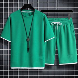 Maxfree <b>Men's</b> 2026 Casual Waffle Summer Suit Breathable Solid Color T-shirt + <b>Shorts</b> Loose Tracksuit - Product Image 1