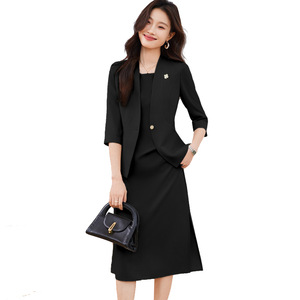 Women's Collarless Suit Dress Two-Piece Set Midi Skirt Three Quarter Sleeve Polyester Satin Anti-Wrinkle Office Lady Style - Product Image 5