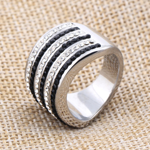 Anillo de Acero de Titanio de 20 mm para Mujer, con 6 Líneas de Diamantes Negros y Blancos, Diseño Geométrico, Anillo de Moda, Joyería de Regalo - Product Image 4