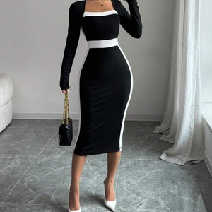 Robes moulantes élégantes et tendance pour femmes, col carré, manches longues, patchwork - Product Image 2