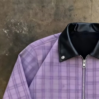 Veste à carreaux personnalisée de haute qualité, veste d'hiver en coton coupe-vent avec col en cuir, veste à carreaux zippée, veste courte pour homme