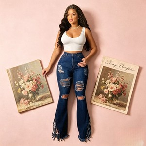 7.5 Dollars AL006 <strong>Women</strong> High <strong>Waist</strong> Ripped Flare <strong>Jeans</strong> Fringe Hem Stretch Denim Pants Ladies Distressed Bell Bottom <strong>Jeans</strong> - Product Image 2
