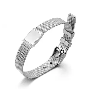 Yiwu Aceon Velle Stainless Steel Watch Mesh Band Adjust Closure Short Blank Slide Charm Square ID Tag Mesh Bracelet