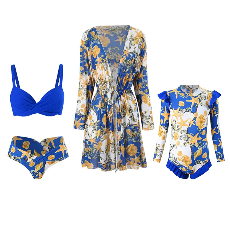 2024 Hot Selling Plus Size Mommy And Me Matching swimsuit Printed Beautiful Windproof Polyester Floral Swimwear Beachwear