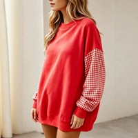 Sweat-shirt ample à col rond pour femme, à manches longues, motif carreaux vichy color block, coupe tunique, broderie personnalisée