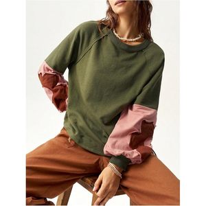 FOXA Women's Oversized Sweatshirt <b>Patchwork</b> Crewneck Petal Sleeve Long Sleeve Pullover <b>Tops</b> Breathable Knitted Cotton Blend - Product Image 4