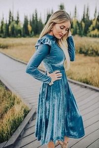 Oro caldo Mamma e Figlia del <span class=keywords><strong>Vestito</strong></span> A Maniche Lunghe Svolazzano Donna <span class=keywords><strong>Velluto</strong></span> <span class=keywords><strong>Midi</strong></span> Dress - Product Image 6