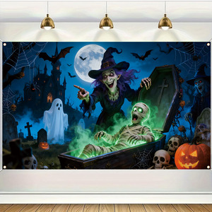 Striscione Happy Halloween, Sfondo per Foto con Zucca Notturna, Fantasma, Castello, Tombe, Decorazione 2D da Appendere per Feste, Giardino, Cortile, Casa, Club - Product Image 4