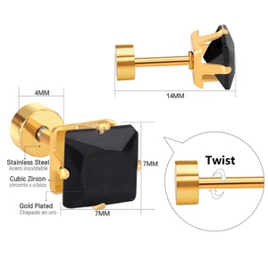 Pendientes de tuerca cuadrados de circonita con tornillo de acero inoxidable hipoalergénico chapado en oro PVD de 18 quilates al por mayor para niños - Product Image 2