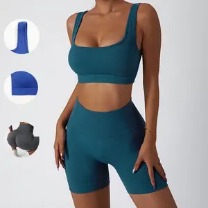 Frauen Tummy Control Ribbed Gym Yoga-Sets Nahtlose zweiteilige BH-Shorts Sporta nzüge