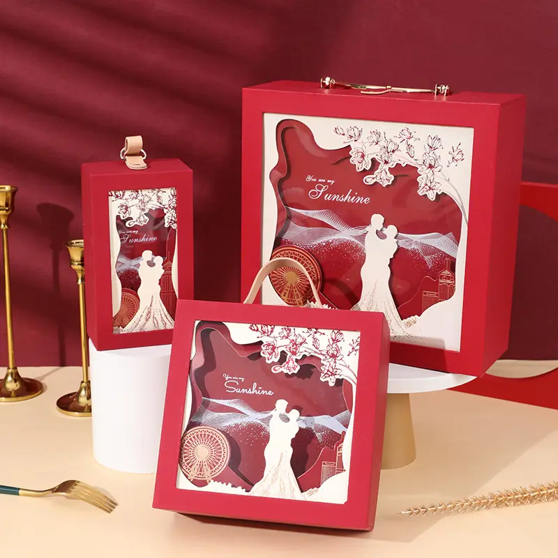 Luxury red 3D wedding chocolate favor box luxury wedding invitation door gift box unique special gift packaging box for wedding