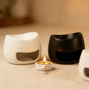 Brûleur d'aromathérapie en céramique élégant et minimaliste, chauffe-cire blanc et noir stylé avec support pour bougie chauffe-plat - Product Image 4