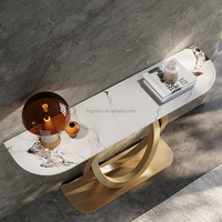 Table console semi-circulaire en marbre de luxe léger pour hall d'entrée, couloir d'hôtel, villa, salon, table de présentation avec base métallique