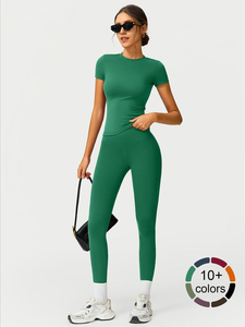 Set celana Yoga lengan pendek wanita, kemeja lengan pendek legging pinggang tinggi untuk atletik Gym 2 potong leher bulat dan celana Yoga - Product Image 5