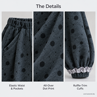 Smiledotkids Pantalons de jogging personnalisés pour enfants Gris à pois avec revers à volants en polaire douce OEM ODM Vente en gros pour tout-petits garçons et filles