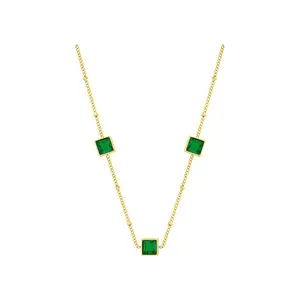 Luxury Stainless Steel Chain Green Square Zircon Clavicle Necklace 18k Gold Plated Emerald Choker Necklace