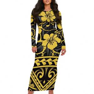 Dropshipping Vêtements Polynésien Tribal Print Bodycon Lady Dress Custom Plus Size Elegant Crew Neck Women's Long-Sleeve Dresses - Product Image 3