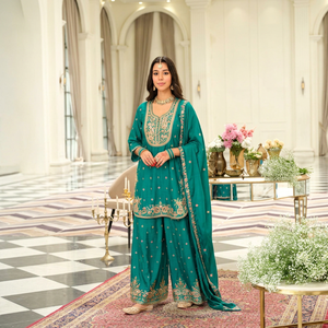 Ensemble Salwar Kameez ethnique pour femme en chinon épais, coupe droite, longueur ras du sol, avec broderies, pantalon palazzo et dupatta, pour mariage et fête, séchage rapide - Product Image 1