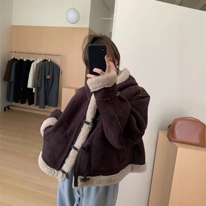 Women's Hooded Shearling Coat Dark Brown Short Style Winter Warm Faux Fur Jacket Loose Fit With Horn Buttons - Product Image 2