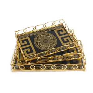 2024 Wholesale Home Decor Glass Tray Vanity Gold Metal Glass Storage Serving Tray Decorative