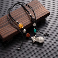 Collier Pendentif Rotatif Porte-Bonheur en Graine de Bodhi Vintage pour Femme, en Argent Tibétain et Ambre, Chaîne de Pull Réglable – Vente en Gros