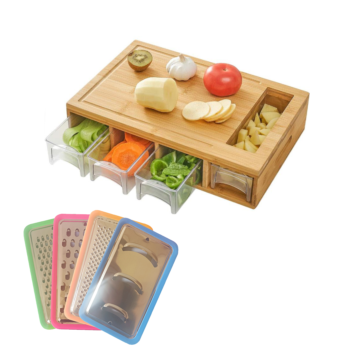 Легко захватываемые ручки и раздвижная открывающаяся бамбуковая разделочная доска с 4 контейнерами большая разделочная доска с желобом для сока