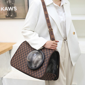 Portable <b>cat</b> bag for winter outings, space capsule style, shoulder bag, checkered pattern pet <b>backpack</b>, hand-held. - Product Image 2