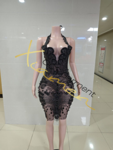 Ocstrade <span class=keywords><strong>Abito</strong></span> da Club Midi Nero Personalizzato con Halter, Strass e Rete, Vestito <span class=keywords><strong>Aderente</strong></span> Trasparente in Pelle per Compleanno, Ballo di Fine Anno, Serate e Feste - Product Image 3