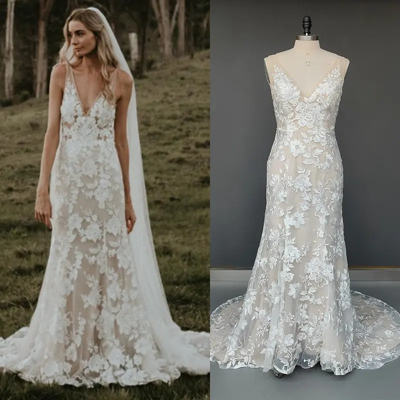 #5256 Real Photo Sweep Train Vintage Beach Mermaid Champagne Sexy Deep V-Neck Sleeveless Backless Boho Wedding Dress Bridal Gown