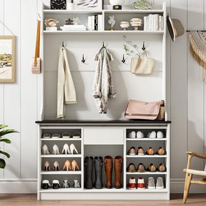 <span class=keywords><strong>Porte</strong></span>-manteau et rangement à chaussures 5-en-1 de style ferme moderne avec banc, portes coulissantes de grange, gain de place, écologique - Product Image 2