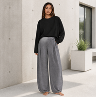 Pantalon plissé taille haute en coton à jambes larges pour femme, anti-plis, décontracté, pour le quotidien