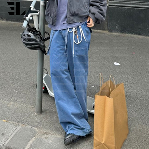 LARSUR Custom Factory Distressed Acid Wash Sun Faded Twill <strong>Moleskin</strong> Chore French Blue Work Pants Straight French Work <strong>Trousers</strong> - Product Image 4