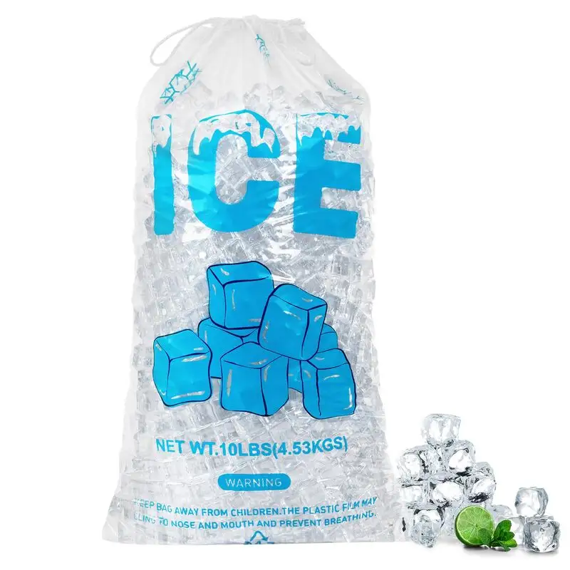Diseño de patrón de hielo reutilizable sin BPA que imprime 2Mil de espesor Bolsas de almacenamiento de cubitos de hielo de plástico resistente con cordón de algodón