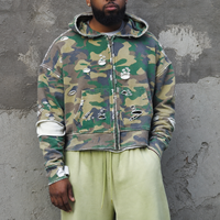 Sweat à capuche zippé camouflage personnalisé pour homme, avec détails déchirés et effet vieilli, épaules tombantes, en coton épais
