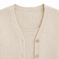 Ensemble Robe Midi et Cardigan en Maille Côtelée Beige Personnalisé Col V Boutonné Devant Moulant Manches Longues OEM Vente en Gros