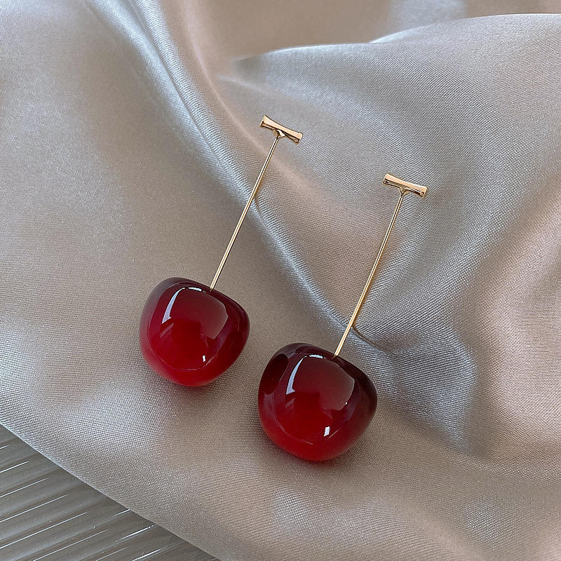 Red cherry fruit earrings-large dark red