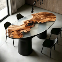 Table à manger en bois de burl naturel ovale avec résine époxy, base noire, nouveau design, assemblée