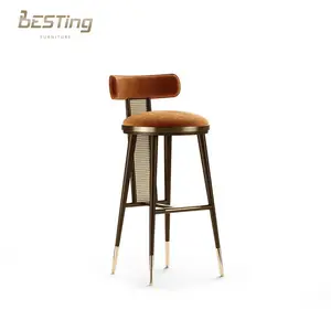 Leisure Luxury Wooden Leg With Golden Circle Velvet Upholstery Rattan Bar Counter Stool Bar Chair Furniture