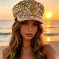 Chapeau de Capitaine Personnalisé Unisexe Décontracté de Plage, Or, Paillettes, Perles, Strass, Gemmes, Fournitures de Fête de Luxe pour Burning Man, Vente en Gros, MOQ 3