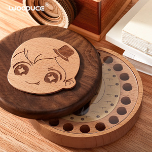 Wooduce Baby Tooth <b>Keepsake</b> <b>Box</b> Walnut Wood Round Cartoon Character Handmade Gift For Infants And Toddlers - Product Image 3