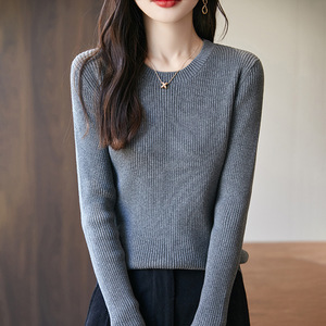 Suéter de cuello redondo para mujer, manga larga, color sólido, algodón, corte ajustado, capa base para otoño e invierno - Product Image 3