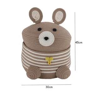 Decorative cute Teddy bear woven basket Small Bear Cotton Rope Basket Stuffed Animal Storage Hamper for Pen, Tissue, Candy