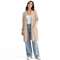 Damen Langer Strick-Cardigan Lässiger Offener Beiger Mantel mit Taschen Weicher Warmer Locker Sitzender Herbst-Winter-Überzieher