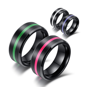 Anillo de Moda de Acero Inoxidable de 8 mm con Incrustaciones de Resina Epoxi Negra con Rayas de Colores, Joyería Unisex para Regalo - Product Image 1