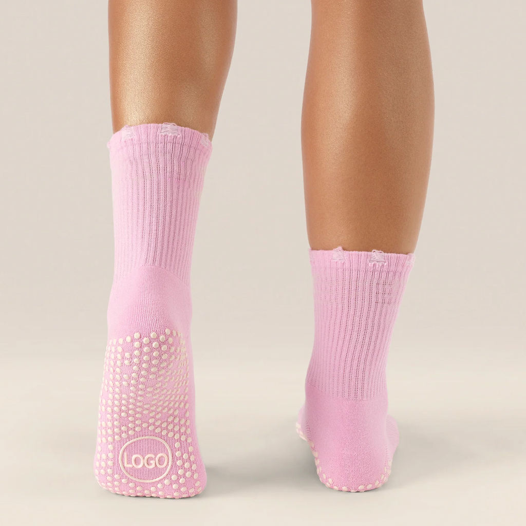 Distressed Grip Pilates Yoga Cotton Crew Socks with Embroidery Logo for Women Studio Training Custom Wholesale Socks