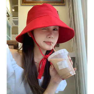 Mignon Coréen Inspiré <span class=keywords><strong>Petit</strong></span> Chaperon Rouge Seau Chapeau Mince Parasol Grand Bord Été Respirant Protection Solaire Style Pêcheur - Product Image 5