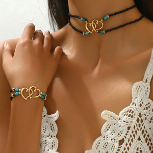 Cross-border best-selling creative <b>bracelet</b> and necklace <b>set</b> with turquoise heart-shaped double-layer seed beads, a fashionable - Product Image 4