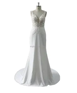 Modern fantezi kızlar için düğün elbisesi zarif şifon gelin kıyafeti artı boyutu zemin uzunlukta dantel dekorasyon ile Backless tasarım
