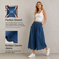 Jean court respirant à taille élastique et ourlet à volants, coupe large en denim pour femme, idéal pour l'été et les tenues décontractées